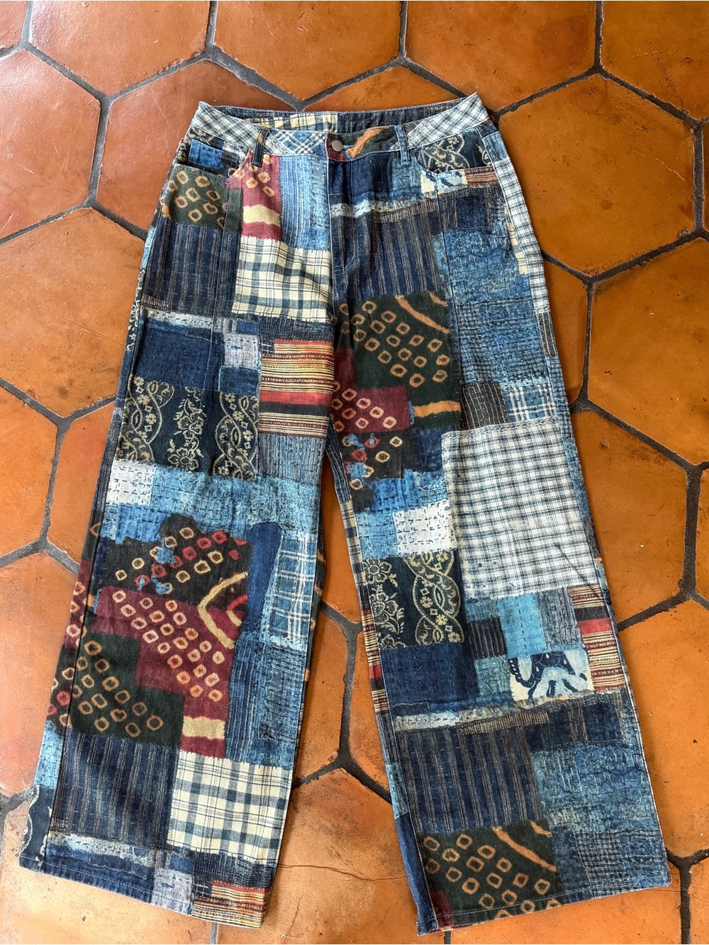 70s Retro Hippie Wide Leg Jeans Patchwork Denim Festival Boho Nature Outdoors 32